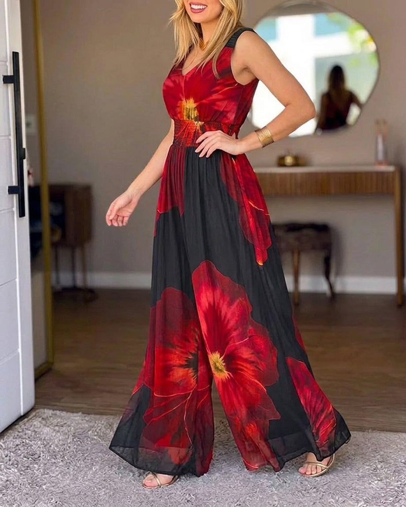 Women's Floral Print Mesh Jumpsuit V Neck Shirred Waist Wide Leg Overalls Backless Sleeveless Jumpsuit with Pockets