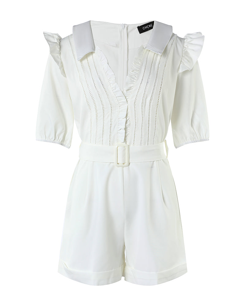 Women's V Neck Frill Trim Short Sleeve Romper Casual Turn-down Collar Hollow Out Romper With Belt