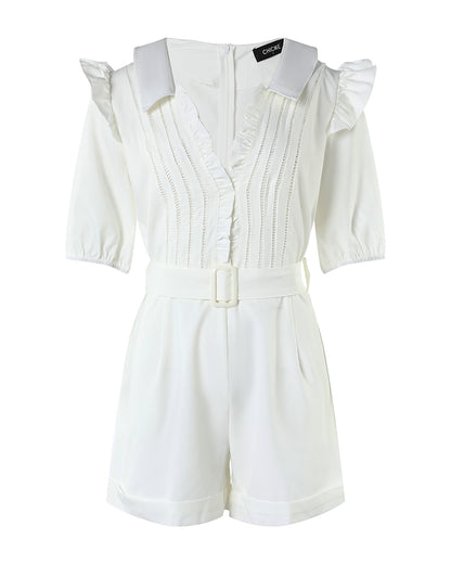 Women's V Neck Frill Trim Short Sleeve Romper Casual Turn-down Collar Hollow Out Romper With Belt