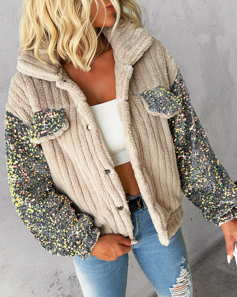 Turn down Collar Sequin Patch Teddy Jacket