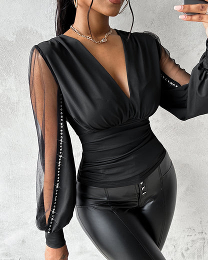 Deep V-Neck Rhinestone Decor Mesh Patchwork Lantern Sleeves Blouse Ruched Slim Fit Top