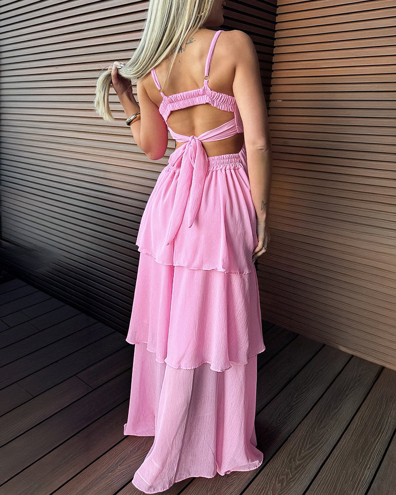 Square Neck Adjustable Spaghetti Straps Cutout Waist Ruffle Hem Dress Casual Backless Tie Back Stretchy Back Chiffon Cami Dress