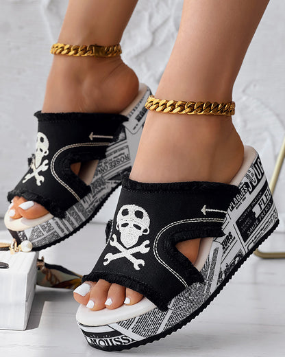 Newspaper Buckled Denim Wedge Slippers