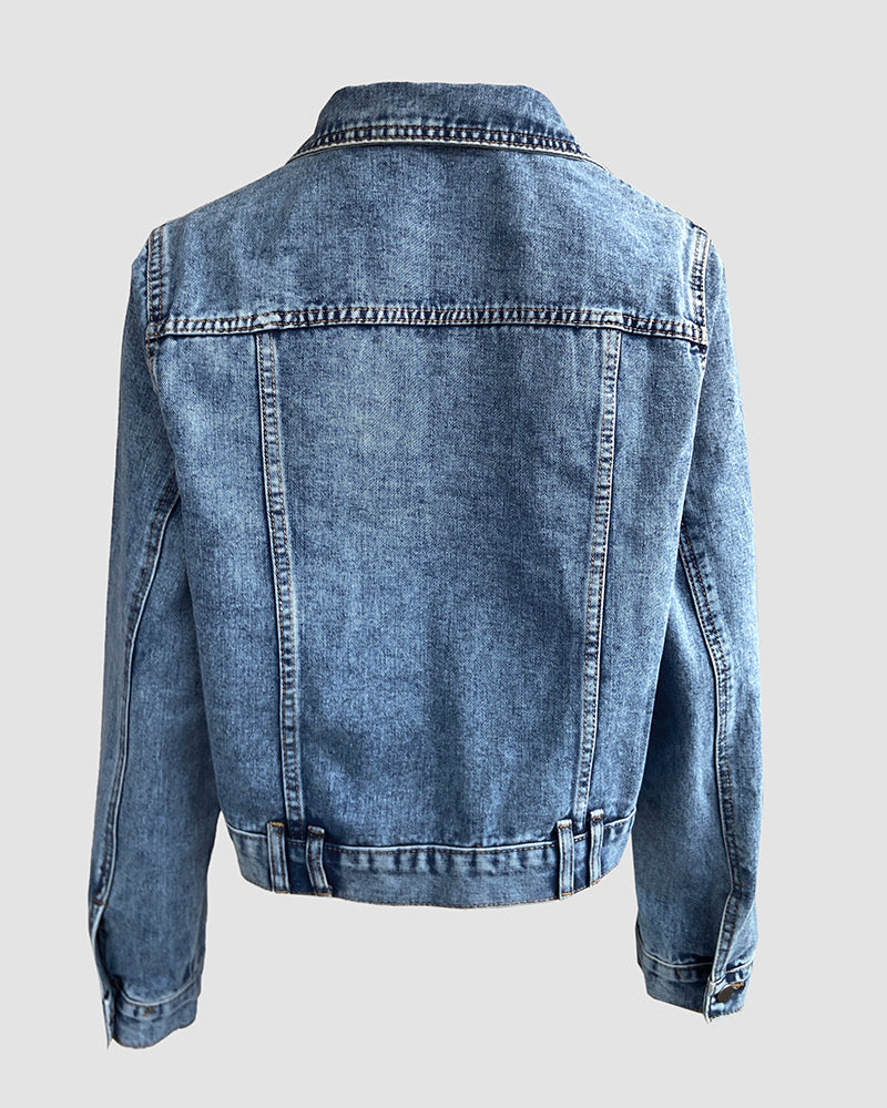 Vintage Turn-down Collar Button Front Seam Design Distressed Crop Coat Casual Flap Pockets Design Cinched Waist Washed Denim Coat