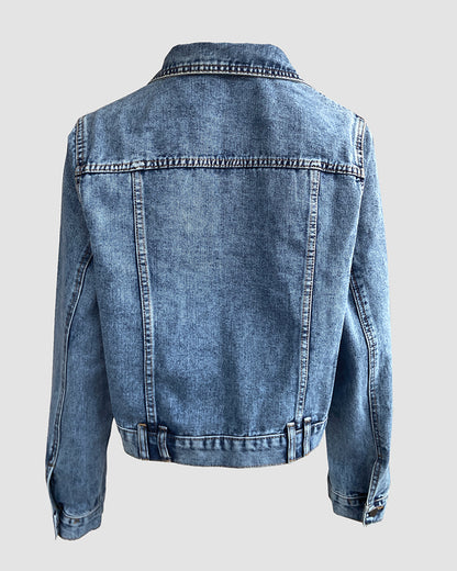 Vintage Turn-down Collar Button Front Seam Design Distressed Crop Coat Casual Flap Pockets Design Cinched Waist Washed Denim Coat
