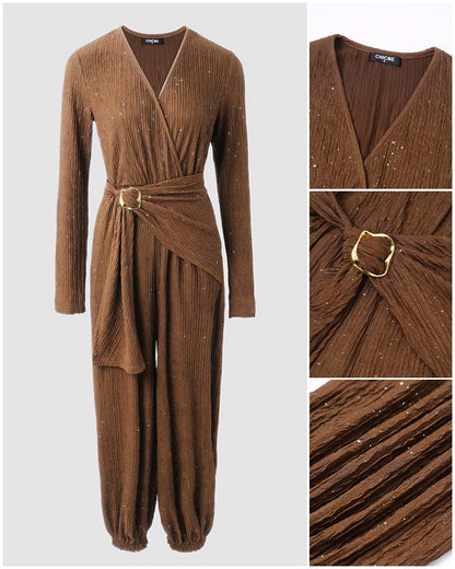 Women's Glitter Tied Detail High Waist Jumpsuit Overlap V Neck Long Sleeve Overalls