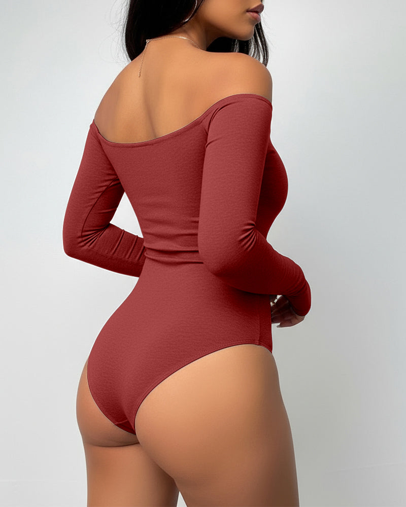 Off Shoulder Long Sleeve Slim Fit Versatile Bodysuit with Thumb Hole Cuffs