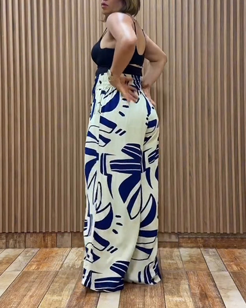 2 Piece Outfit Stand Collar Long Sleeve Blouse and Casual Floral Print Wide Leg Pants Set with Pockets