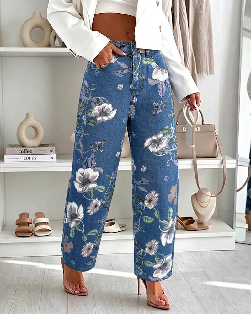 Damen-Jeans mit Vintage-Blumenmuster, Baggy-Jeans, lässige, hoch taillierte, verkürzte Barrel-Jeans