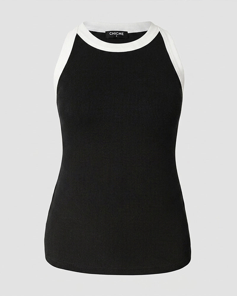 Women's Contrast Binding Racerback Tank Top Slim Fit Ribbed Crewneck Top