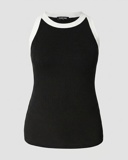 Women's Contrast Binding Racerback Tank Top Slim Fit Ribbed Crewneck Top