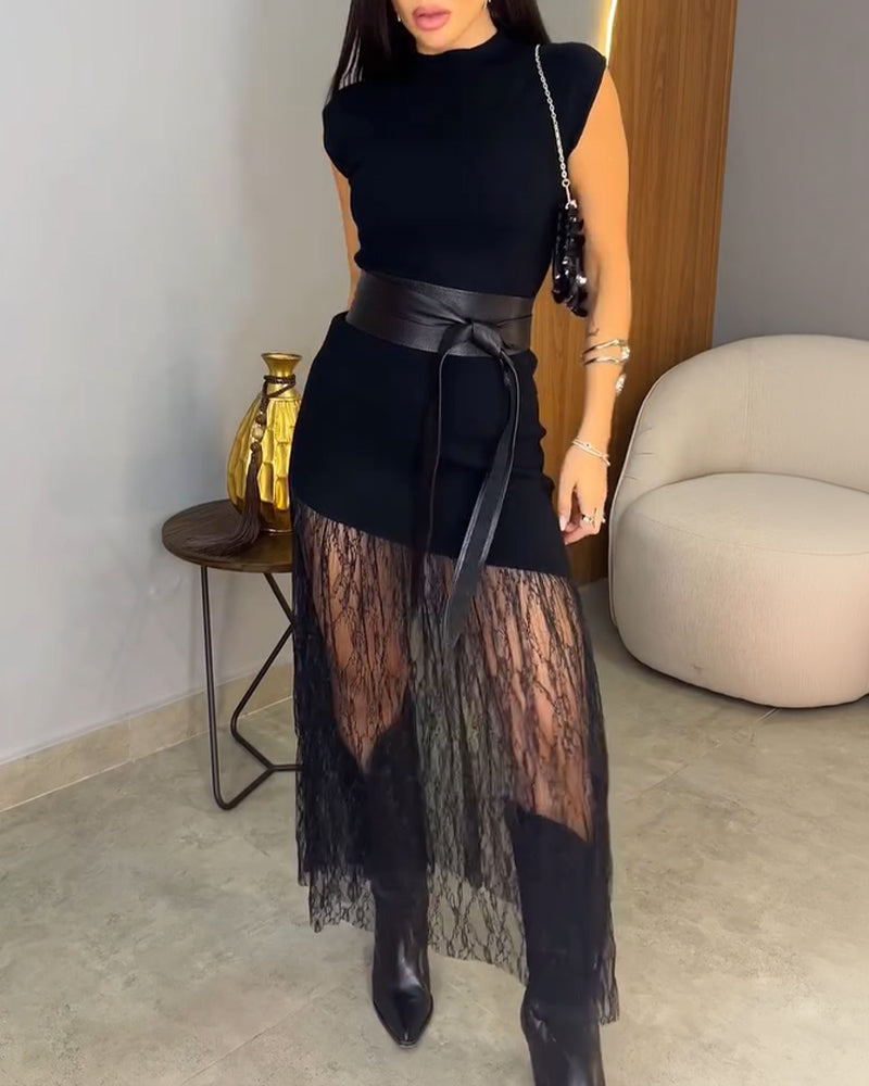 Women's Knit Lace Hem Maxi Dress Elegant Mock Neck Cap Sleeve Party Dress