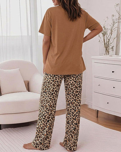 Women's Pajama Set Leopard Bow Short Sleeve Top and Loose Leopard Straight Leg Pants Casual Loungewear