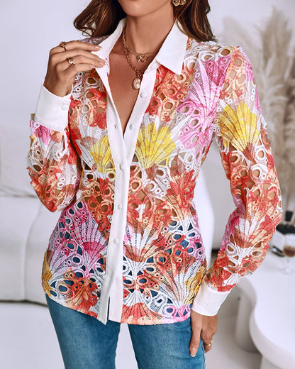 Tie Dye Print Turn-down Collar Long Sleeve Button Front Shirt Casual Hollow-out Top