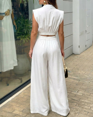 2 Pieces Outfit Notched Collar Sleeveless Wrap Lace-up Crop Top and Causal High Waist Zipper Side Elastic Back Waist Wide Leg Pants Set with Lining