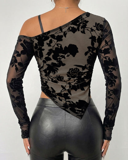 Women's Flocked Floral Mesh Top Skew Neck Long Sleeve Asymmetrical Blouse with Thumb Hole Cuffs