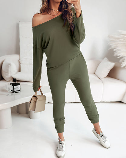2 Pieces Outfit Long Sleeve Skew Neck Pullover Top And Drawstring Elastic Waist Slim Fit Pants Set