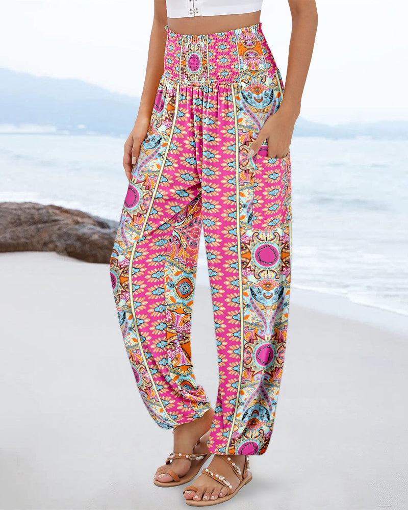 Tribal Print Shirred High Waist Cinched Hem Long Pants Vacation Pants with Pocket Vintage Pants