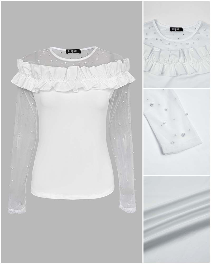Women's Pearls Sheer Mesh Spliced Long Sleeve Ruffle Slim Fit Top
