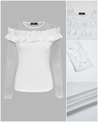 Women's Pearls Sheer Mesh Spliced Long Sleeve Ruffle Slim Fit Top