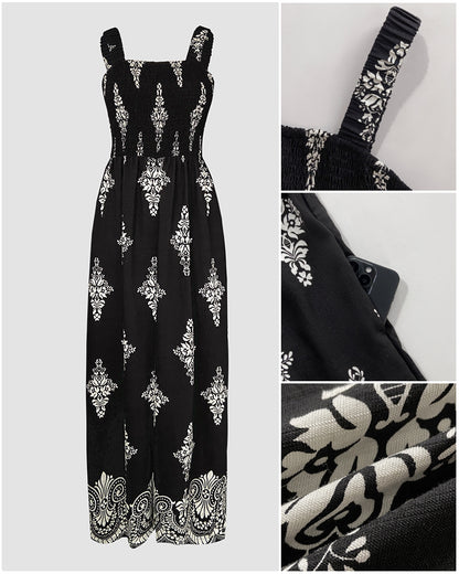 Graphic Print Square Neck Thick Strap Shirred Jumpsuit Wide Leg Overalls with Pockets