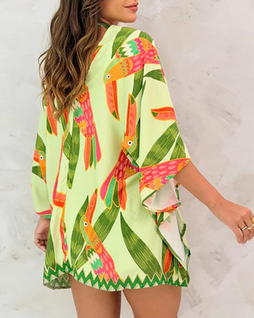 Allover Parrot Print Open Front Half Sleeve Cover-up Casual Hollow-out Back Loose Fit Cardigan