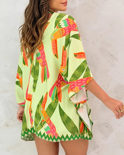 Allover Parrot Print Open Front Half Sleeve Cover-up Casual Hollow-out Back Loose Fit Cardigan