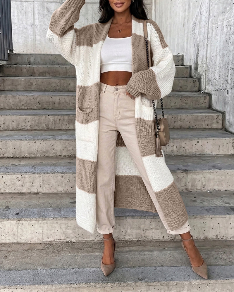 Women's Checkerboard Knit Cardigan Oversized Long Chunky Sweater Loose Lantern Sleeve Coat with Pockets