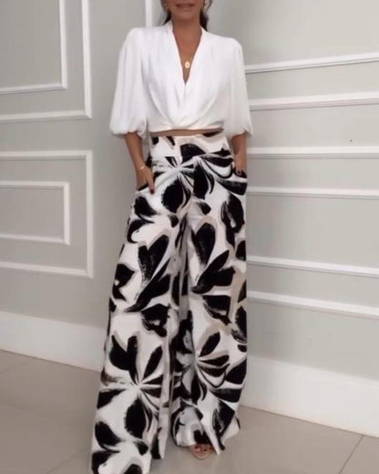 2 Pieces Outfit Wrap Plunge V Neck Crop Blouse and Casual Floral Print Wide Leg Pants Set