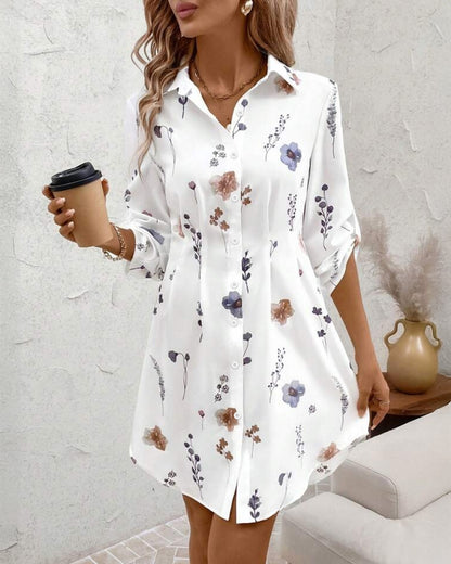 Watercolor Floral Print Turn-down Collar Turn-Up Sleeves Shirred Back Shirt Dress Casual Button Down Cinched Waist Asymmetrical Hem Vacation Dress