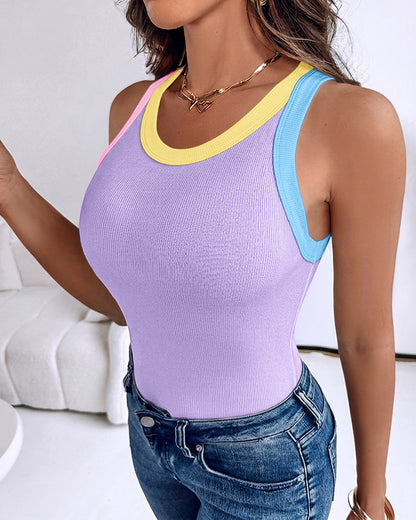 Women's Contrast Trim Ribbed Tank Top Slim Fit Sleeveless Round Neck Basic Camisole for Streetwear & Layering