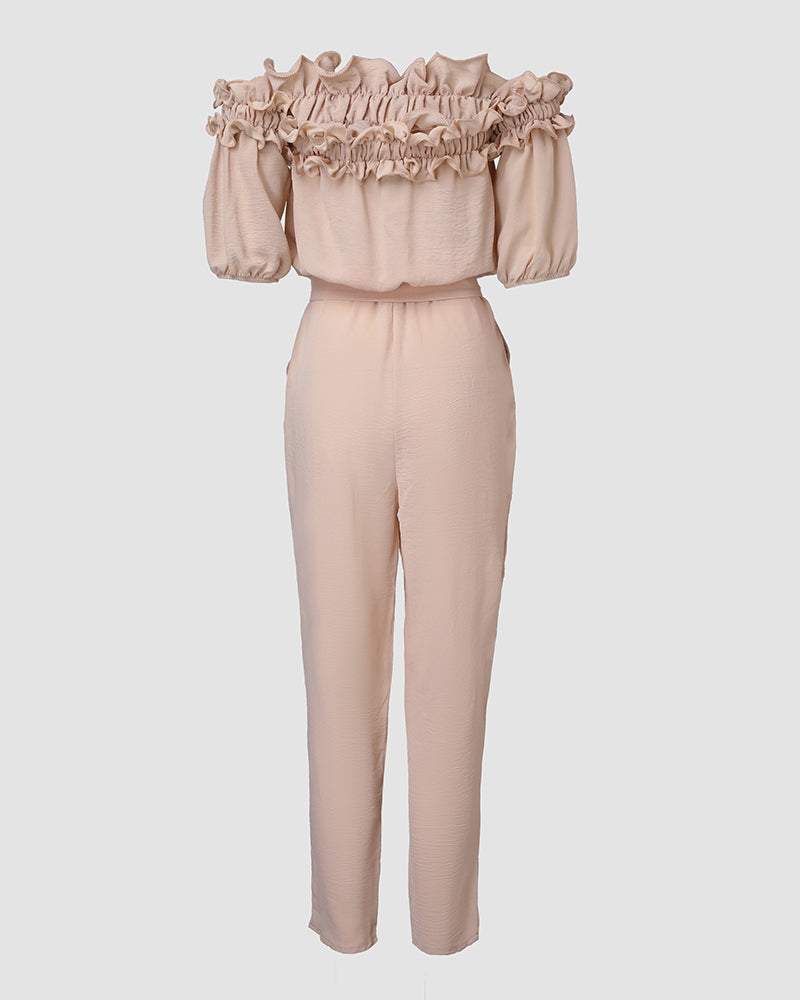 Off Shoulder Frill Hem Tied Detail Jumpsuit