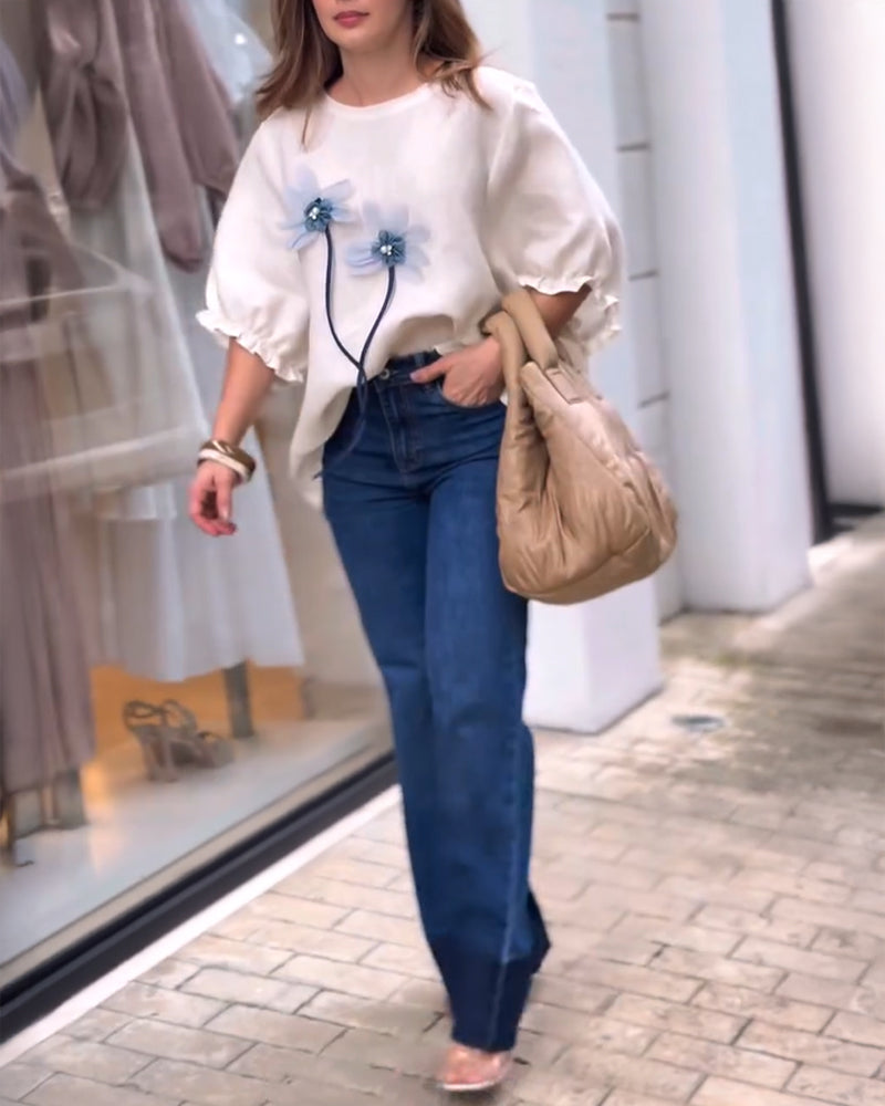 Pearls & Rhinestone Decor 3D Floral Appliques Frill Hem Cuffs Linen Tee Casual Loose Fit Top