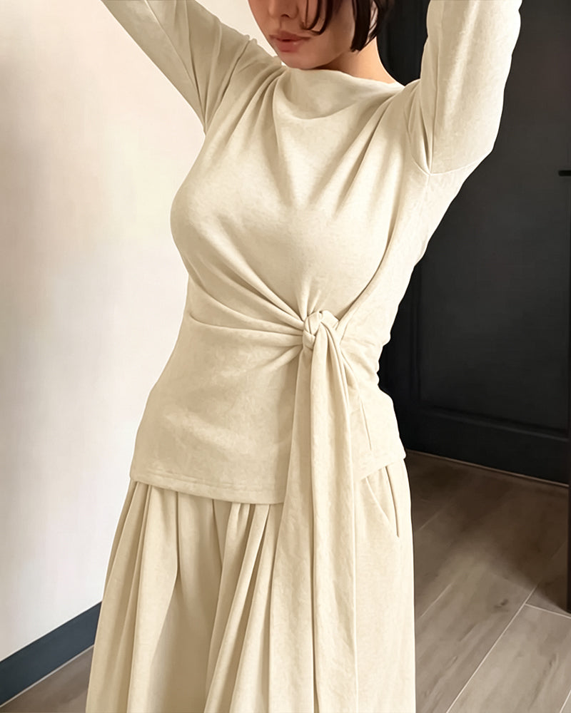 Women's 2 Piece Knit Lounge Set Long Sleeve Tie Waist Top and High Waisted Wide Leg Pants Casual Soft Sweatsuit with Pockets