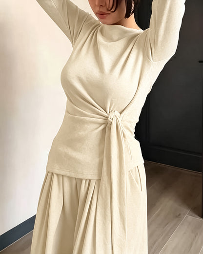 Women's 2 Piece Knit Lounge Set Long Sleeve Tie Waist Top and High Waisted Wide Leg Pants Casual Soft Sweatsuit with Pockets
