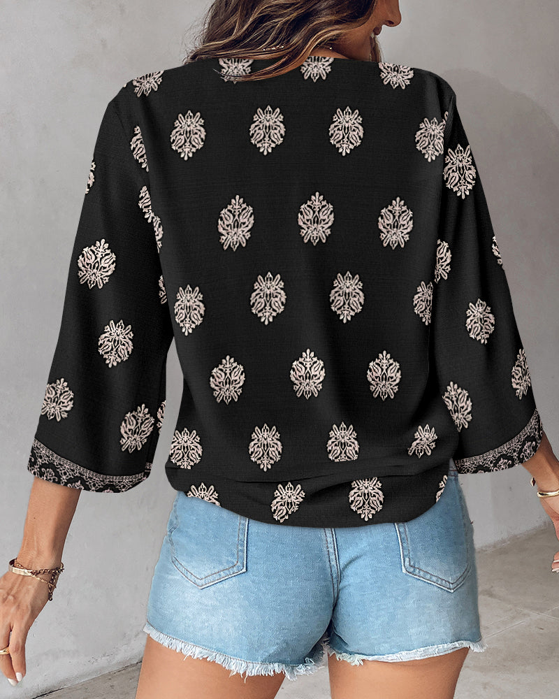 Floral Print V Neck Long Sleeve Blouse Casual Loose Fit Top