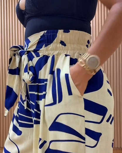 2 Piece Outfit Stand Collar Long Sleeve Blouse and Casual Floral Print Wide Leg Pants Set with Pockets