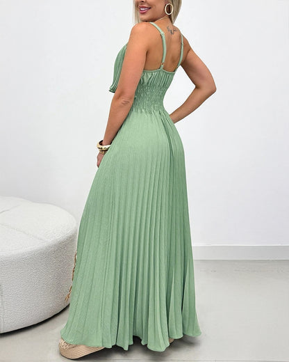 French Style Adjustable Spaghetti Straps Pleated Overlay Design Cami Dress Casual Cinched Waist Shirred Back Pleated Vacation Dress