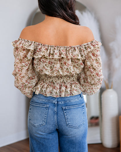 Women's Ditsy Floral Chiffon Off Shoulder Tie Front Shirred Peplum Top