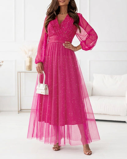 Women's Glitter Mesh Maxi Dress Feather Embellished Overlap V-Neck Lantern Sleeve Formal Dress Elegant Evening Gown