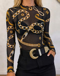 Women's Sheer Mesh Gold Chain Print Mock Neck Frill Trim Long Sleeve Top
