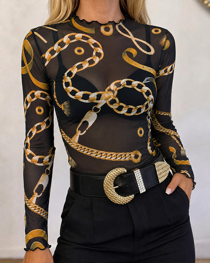 Women's Sheer Mesh Gold Chain Print Mock Neck Frill Trim Long Sleeve Top
