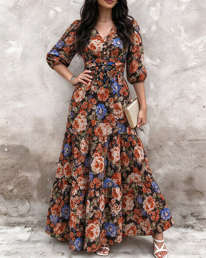 Vestido largo de gasa para mujer con flores vintage, escote en V, mangas abullonadas, cintura fruncida elástica y volantes