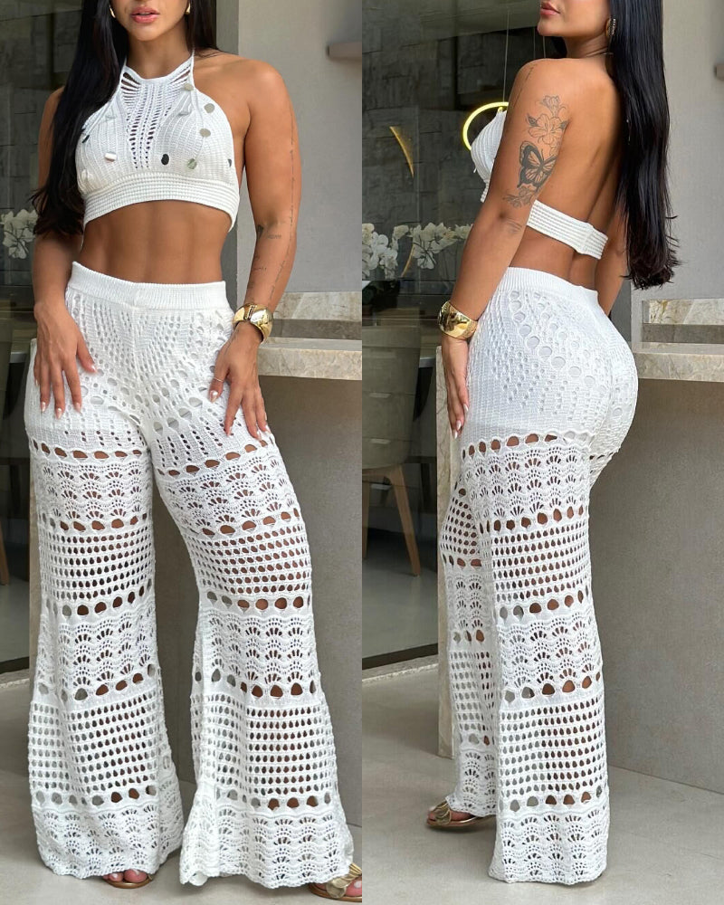2 Pieces Round Sequin Knitted Halter Sleeveless Crop Top and Casual Strechy Waist Wide Leg Knit Pants Set