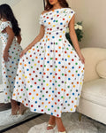 Women's Skew Neck Midi Dress Ruched Polka Dot Vacation Dress High Waisted A-Line Sundress with Pockets