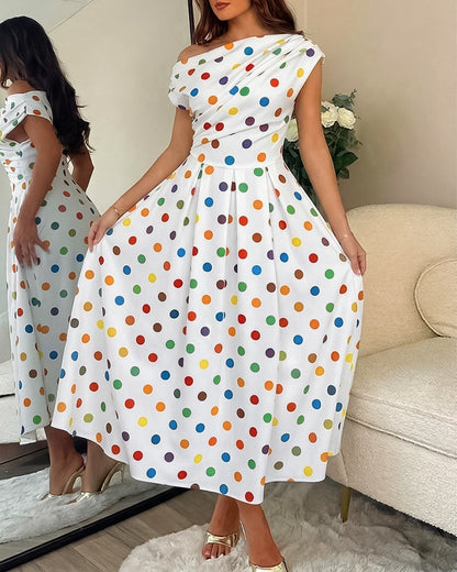Women's Skew Neck Midi Dress Ruched Polka Dot Vacation Dress High Waisted A-Line Sundress with Pockets