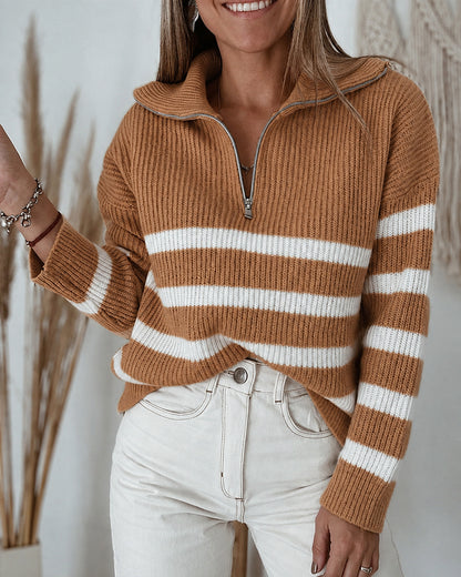 Women's Half Zip Striped Sweater Colorblock Turn-down Collar Knit Pullover Drop Shoulder Loose Fit Top