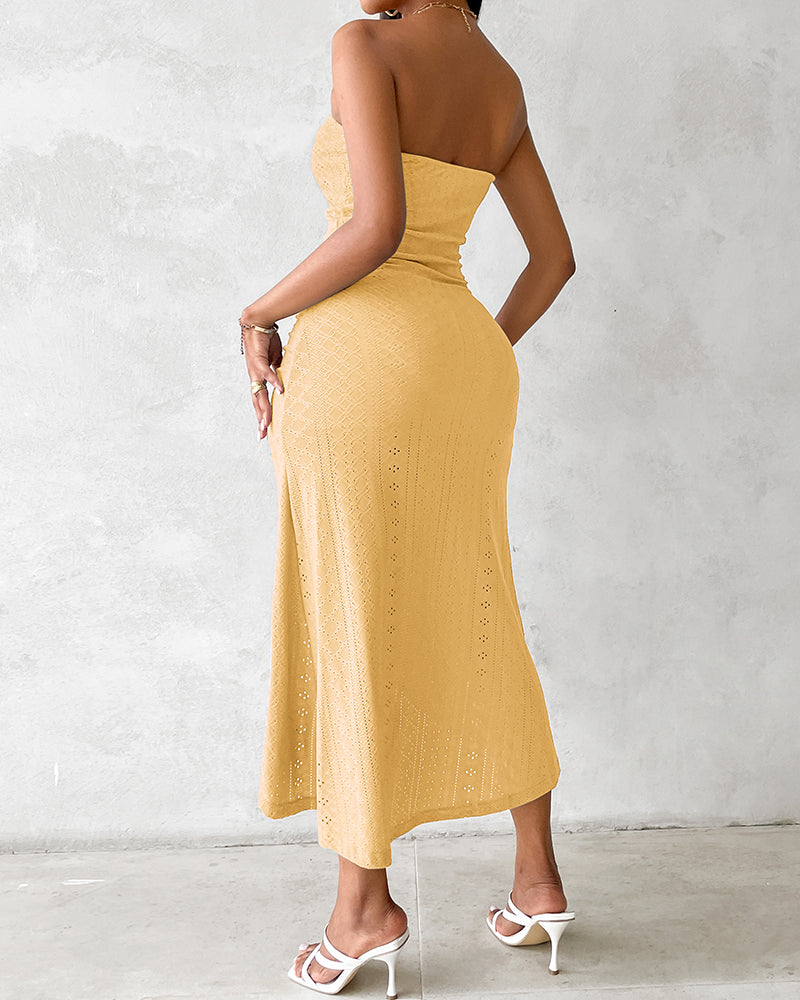 Sleeveless Ruched Cinched Waist Draped Bandeau Dress Eyelet Embroidery Slit Asymmetrical Hem Vacation Dress