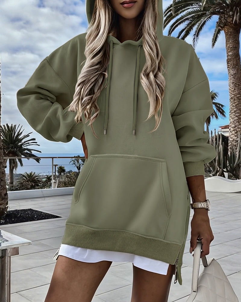 Long Sleeve Pocket Design Pullover Sweatshirt Casual Faux Two Piece Longline Drawstring Hooded Top