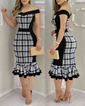 Women's Houndstooth Colorblock Off Shoulder Ruffle Hem Bodycon Dress